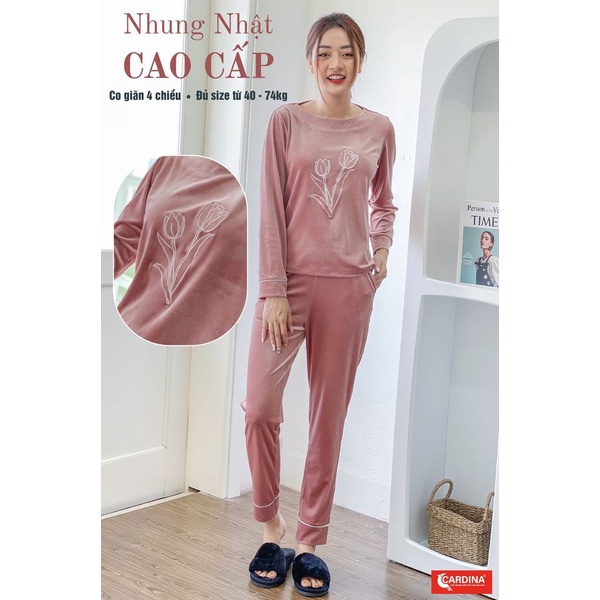 Bộ tuyết nhung nữ CARDINA Nhật Bản, bộ mặc nhà cao cấp thiết kế sang trọng, hình in hoa tulip sắc nét, trẻ trung