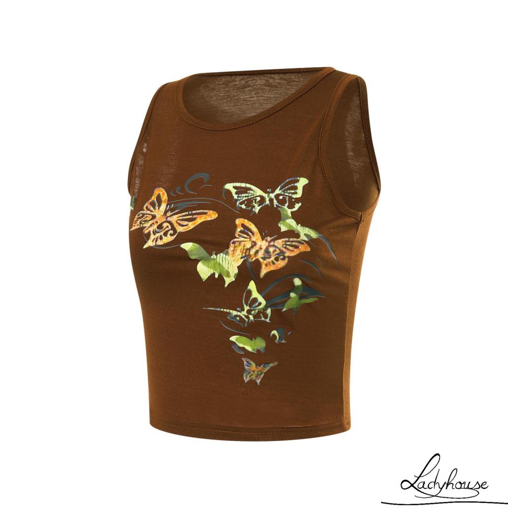 LD-Women Crop Tops, Sleeveless Butterfly Pattern Printed Round Neck Summer Vest Camisole for Female