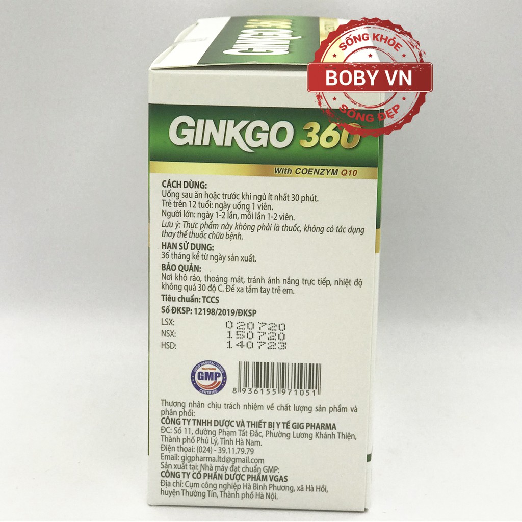 Bổ não Ginkgo 360 tăng cường tuần hoàn máu não 360mg hộp 100 viên