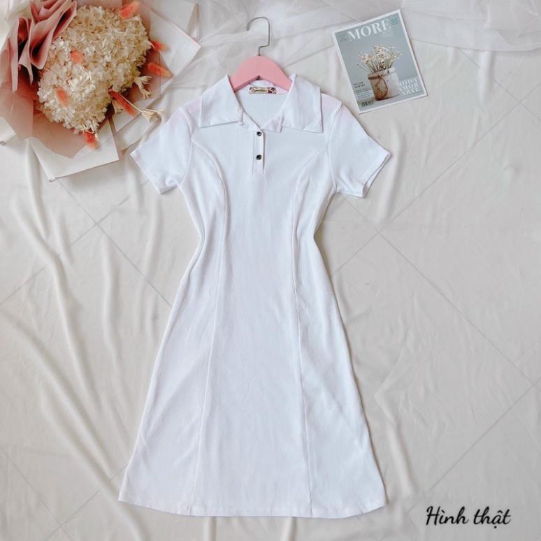 Đầm Chữ A Polo Thun Trơn Ngắn Tay Cổ Sơ Mi Đen Trắng Xanh Hồng Vàng DRDBD05