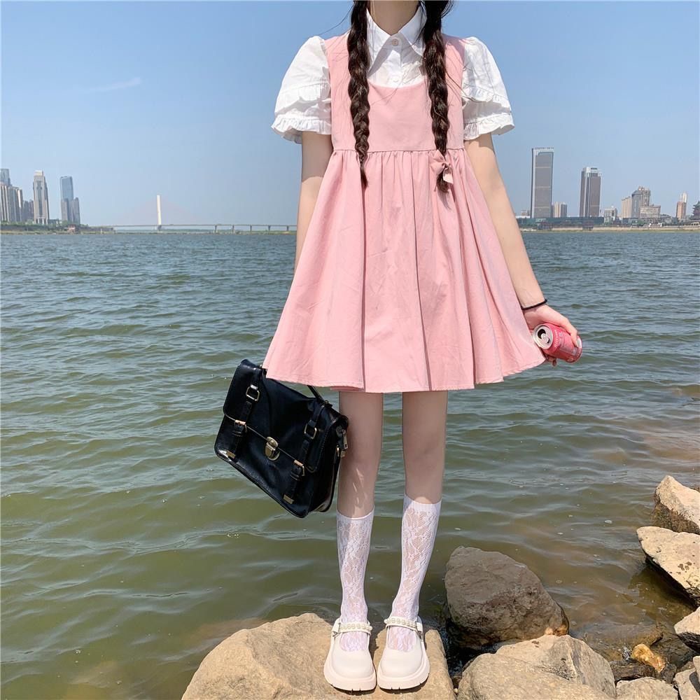 Set áo cánh hoa cổ điển + đầm hai dây lưng cao ngọt ngào cho nữ