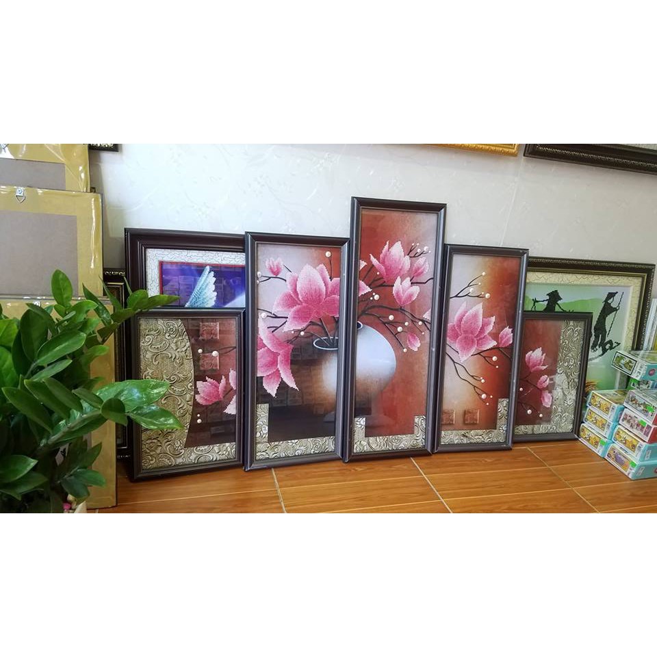 Tranh đính đá 5D Bình Hoa Sen 5 bức DF2235 - KT: 144x75cm ( tranh chưa đính đá)