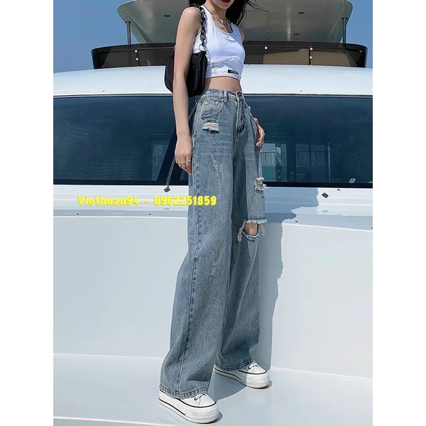 Quần Jeans nữ cạp cao rách gối phom suông hack dáng