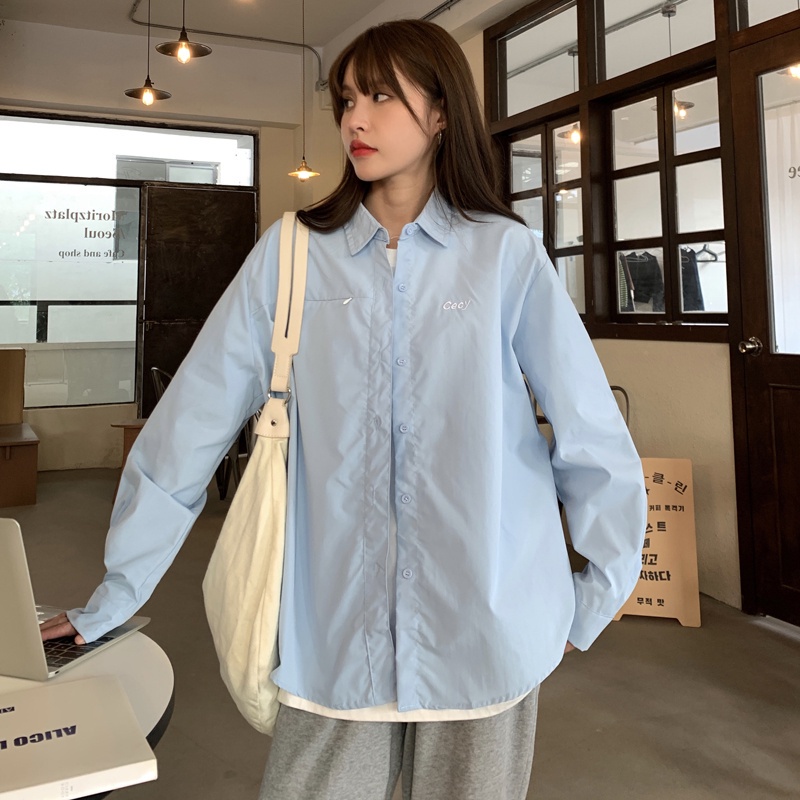 SUXI Áo sơ mi nữ tay dài dáng rộng thêu chữ phong cách Hàn Quốc