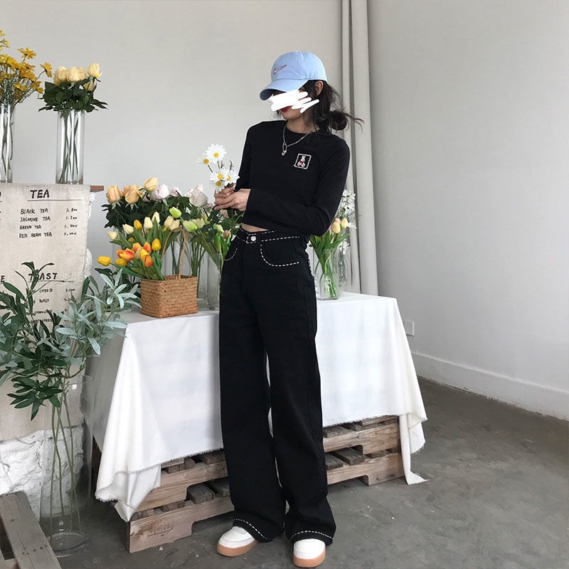 Quần jean dài ống rộng thêu hoa nhỏ màu đen thời trang dành cho nữ