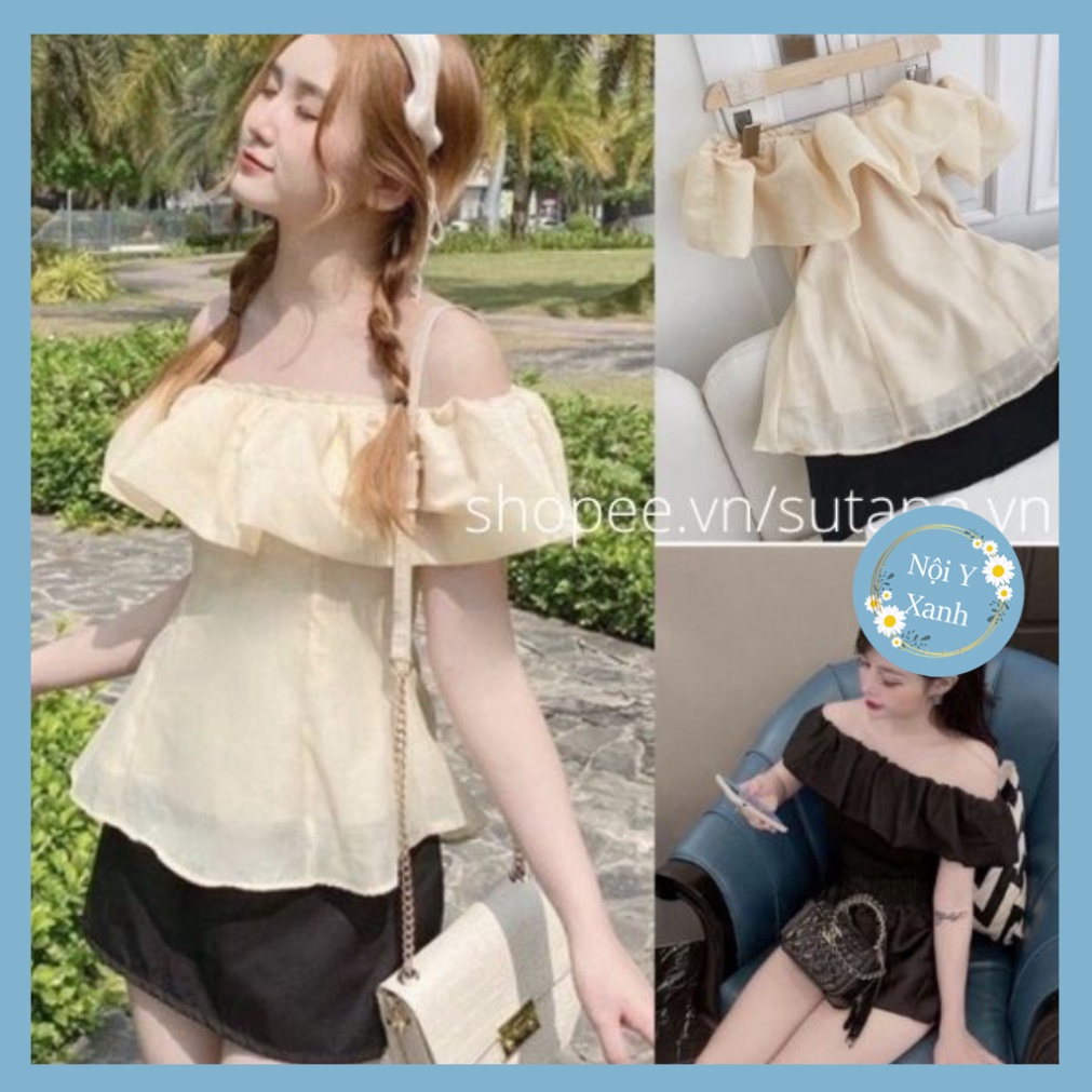 Áo trễ vai 2 lớp ngắn tay bánh bèo đẹp xa hoa A666 Nội Y Xanh hàng đẹp trendy - nội y xanh