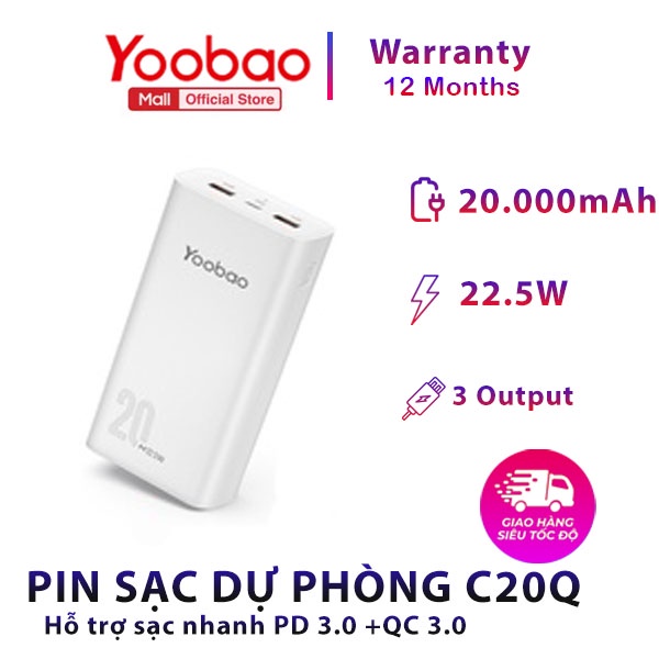 Pin sạc dự phòng 20000mAh C20Q Yoobao PD 20 Sạc nhanh công suất 22,5W- Dùng cho Iphone 11,12, Huawei