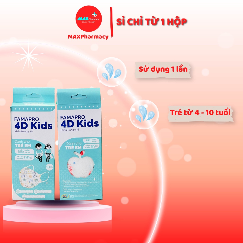 COMBO 10 HỘP Khẩu trang y tế kháng khuẩn cho bé FAMAPRO 4D kids bé từ 4-10 tuổi