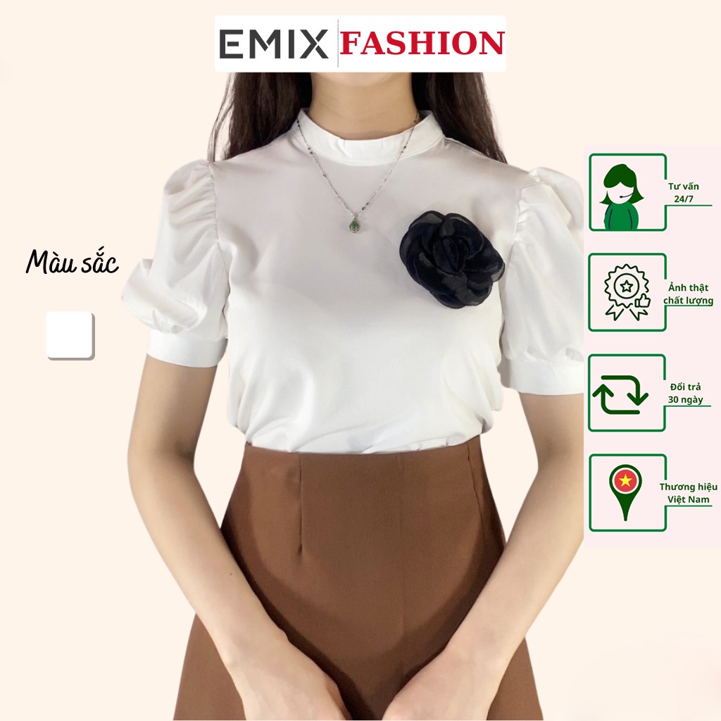 Áo sơ mi nữ cổ tàu tặng hoa cài EMIX (màu trắng), dáng dài, cộc tay, bồng, cổ tròn, vải lụa, mềm mịn, không nhăn