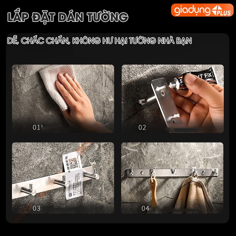 Móc treo quần áo dán tường, móc treo khăn nhà tắm inox 304 chống gỉ, chịu lực tốt không cần khoan tường LAZYDO