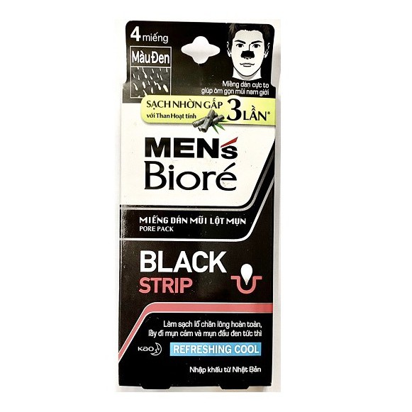 Miếng Dán Mũi Lột Mụn Than Hoạt Tính dành cho Nam - Men's Biore Pore Pack Black Strip REFRESHING COOL - 4 MIẾNG / HỘ