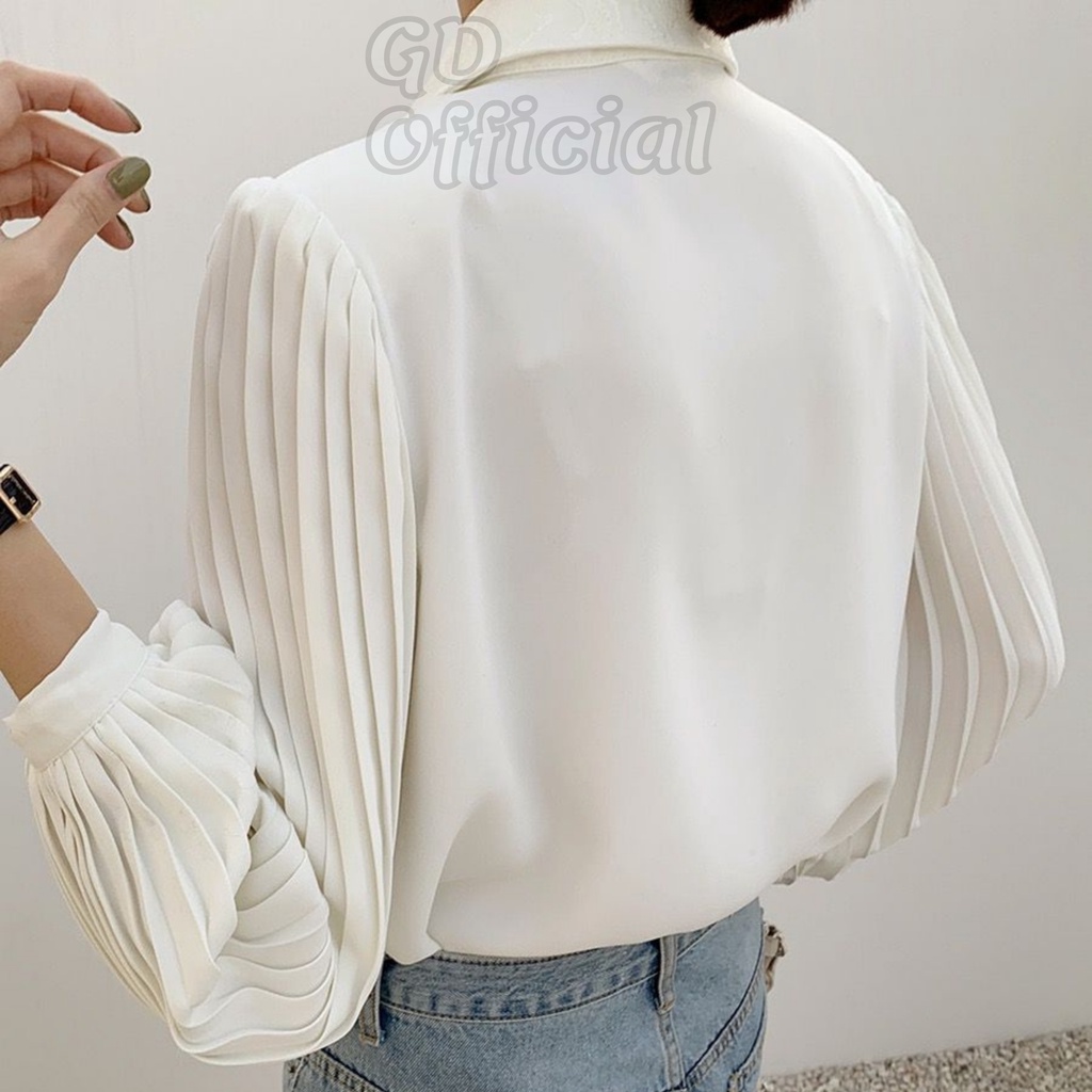 A63|Áo sơ mi công sở nữ dài cổ V tầng polo voan tay phồng suông rộng thụng trơn thanh lịch trắng basic GD Official