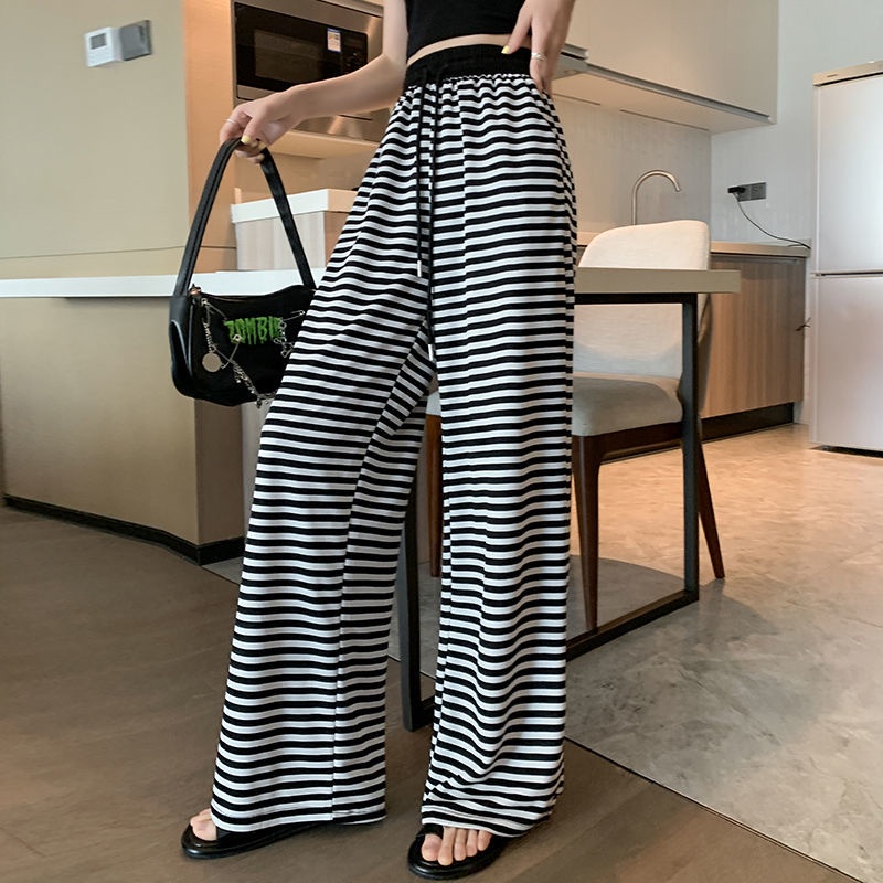 Quần Thể Thao Dài Lưng Cao Ống Suông Họa Tiết Kẻ Sọc