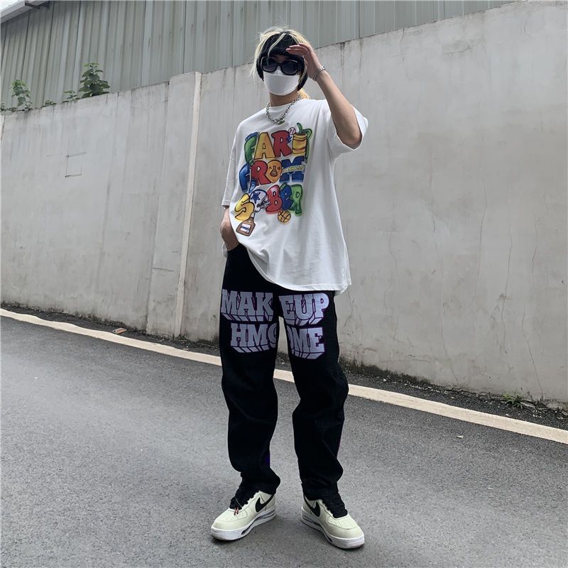 Quần Dài Ống Rộng Họa Tiết Trái Tim Phong Cách Hiphop Đường Phố Mỹ