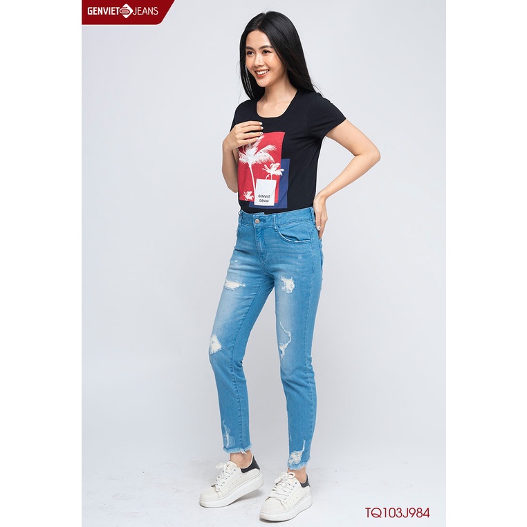 Quần Jeans Nữ Rách Dáng Ôm Tua Gấu Genviet Chất Bò Mềm Cao Cấp TQ103J984