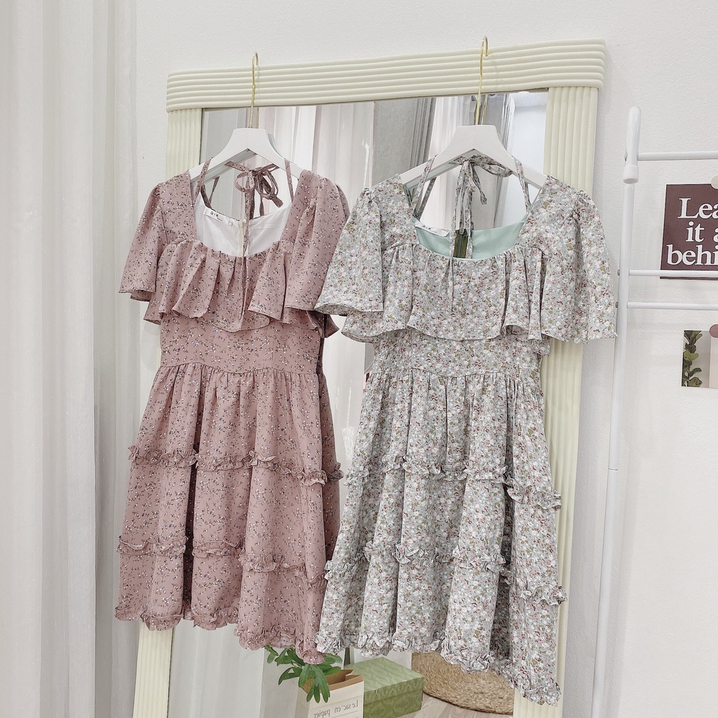 Váy hoa nhí tầng viển bèo đầm tơ mền tay nhỡ-MINXY SHOP
