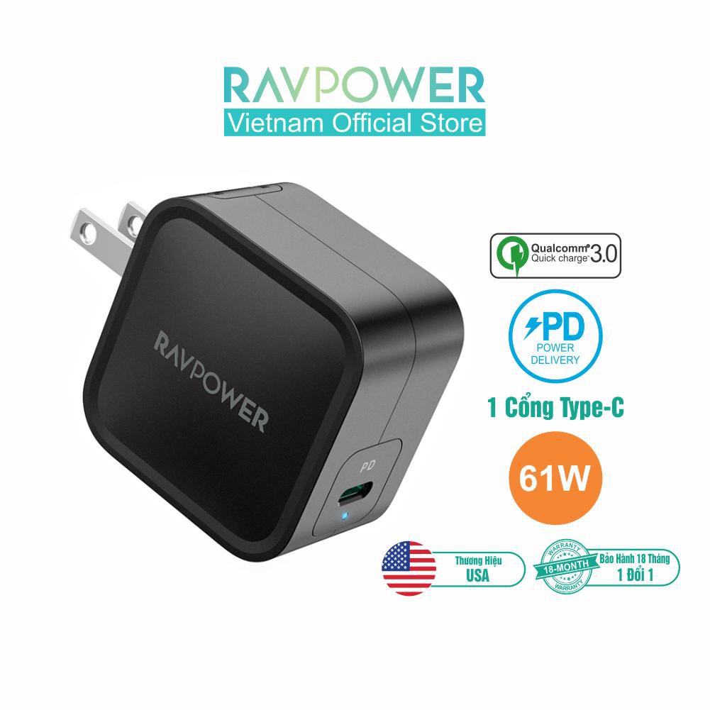 [Mã ELTECHZONE giảm 5% đơn 500K] Adapter Sạc RAVPower RP-PC112 61W Công Nghệ GaN 61W PD3.0 Cổng Type C Đầu AC Gập:Black