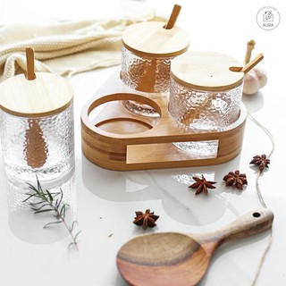 Hũ đựng gia vị thủy tinh sần kèm kệ gỗ