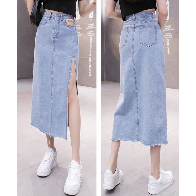 Chân váy jeans dài xẻ tà cao Quảng Châu, năng động, dạo phố, đi chơi