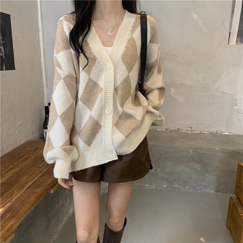 SẴN Áo khoác len cardigan màu nâu trà sữa họa tiết kim cương phong cách ngọt ngào mùa thu đông