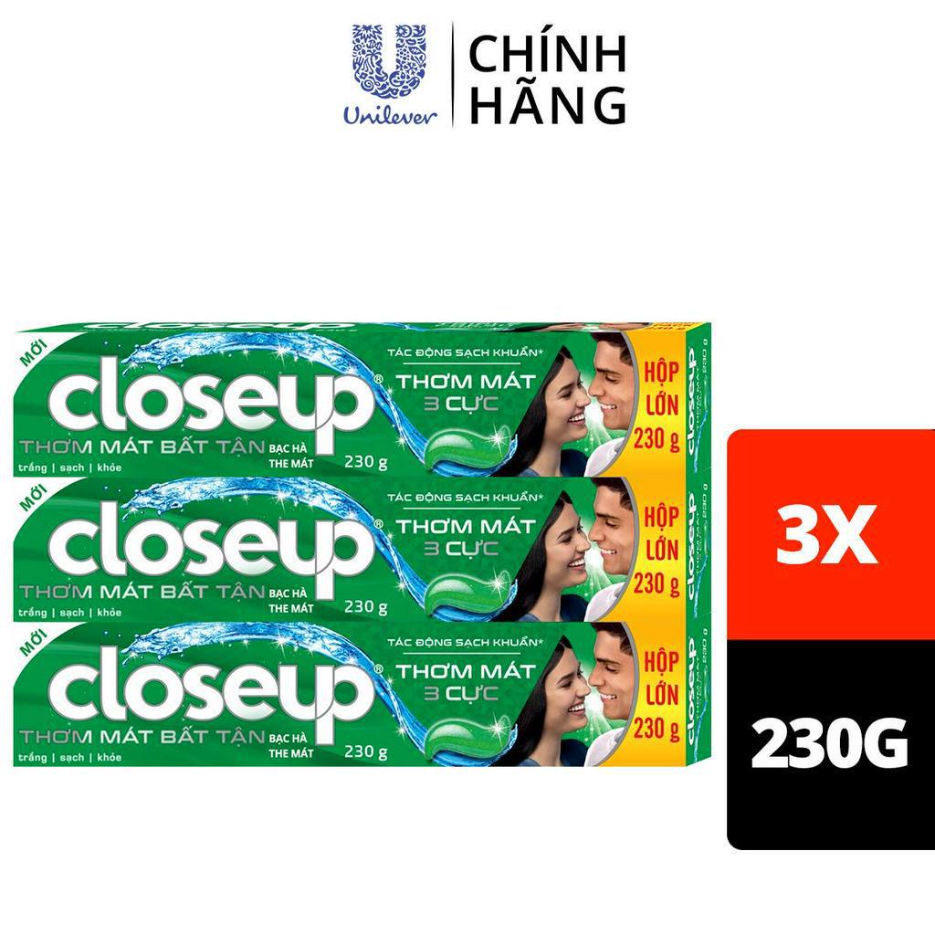 Combo 3 Kem đánh răng dạng gel giúp sạch khuẩn Closeup Thơm Mát Bất Tận Bạc Hà The Mát 230g cho hơi thở thơm mát dài lâu