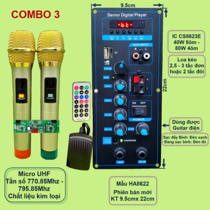 Mạch loa kéo HA8622 xanh guita công suất 40W - 80W kèm mic