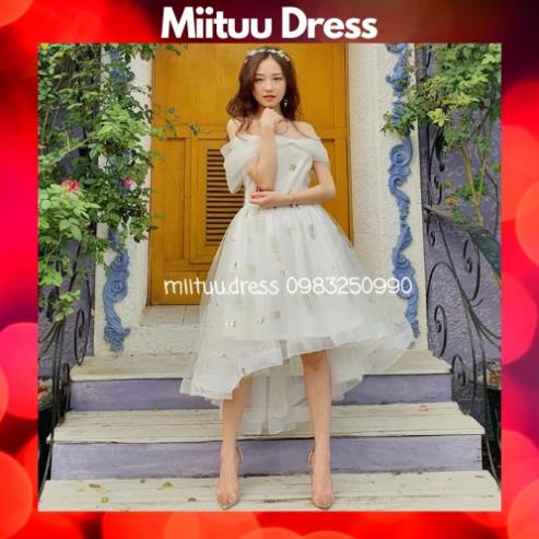 Váy trắng hoa nhí trễ vai babydoll dự tiệc sinh nhật kỉ yếu dạ hội xòe bèo công chúa xinh đẹp dễ thương NV6 Miituu NLi