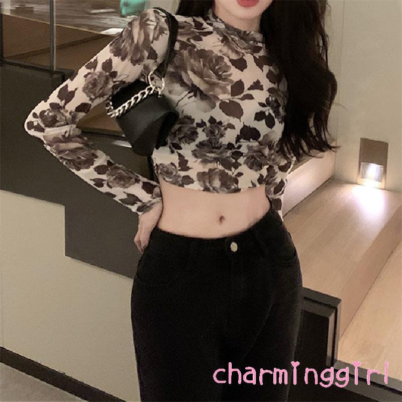Áo Croptop Tay Dài Cổ Tròn In Họa Tiết Hoa Phong Cách Retro Dành Cho Nữ