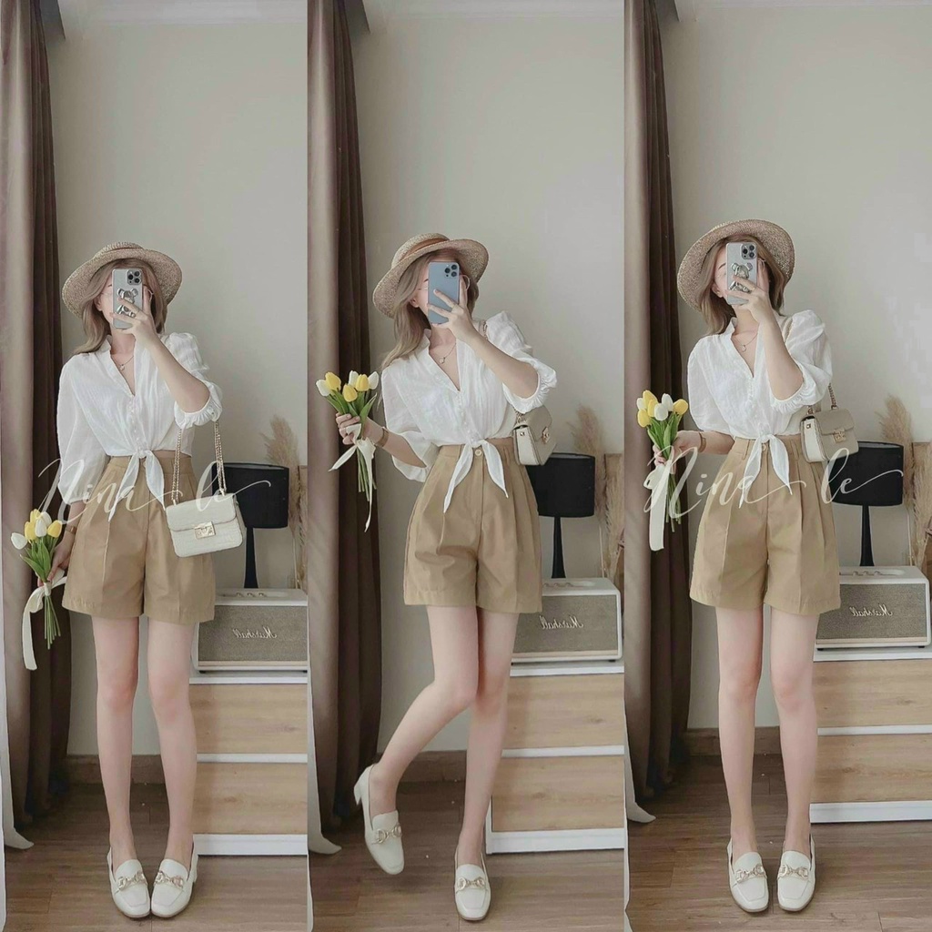 FREESHIP Sét Bộ Quần Đùi nữ form Rộng Kèm Áo Sơ Mi Cách Điệu năng động trẻ trung GKM