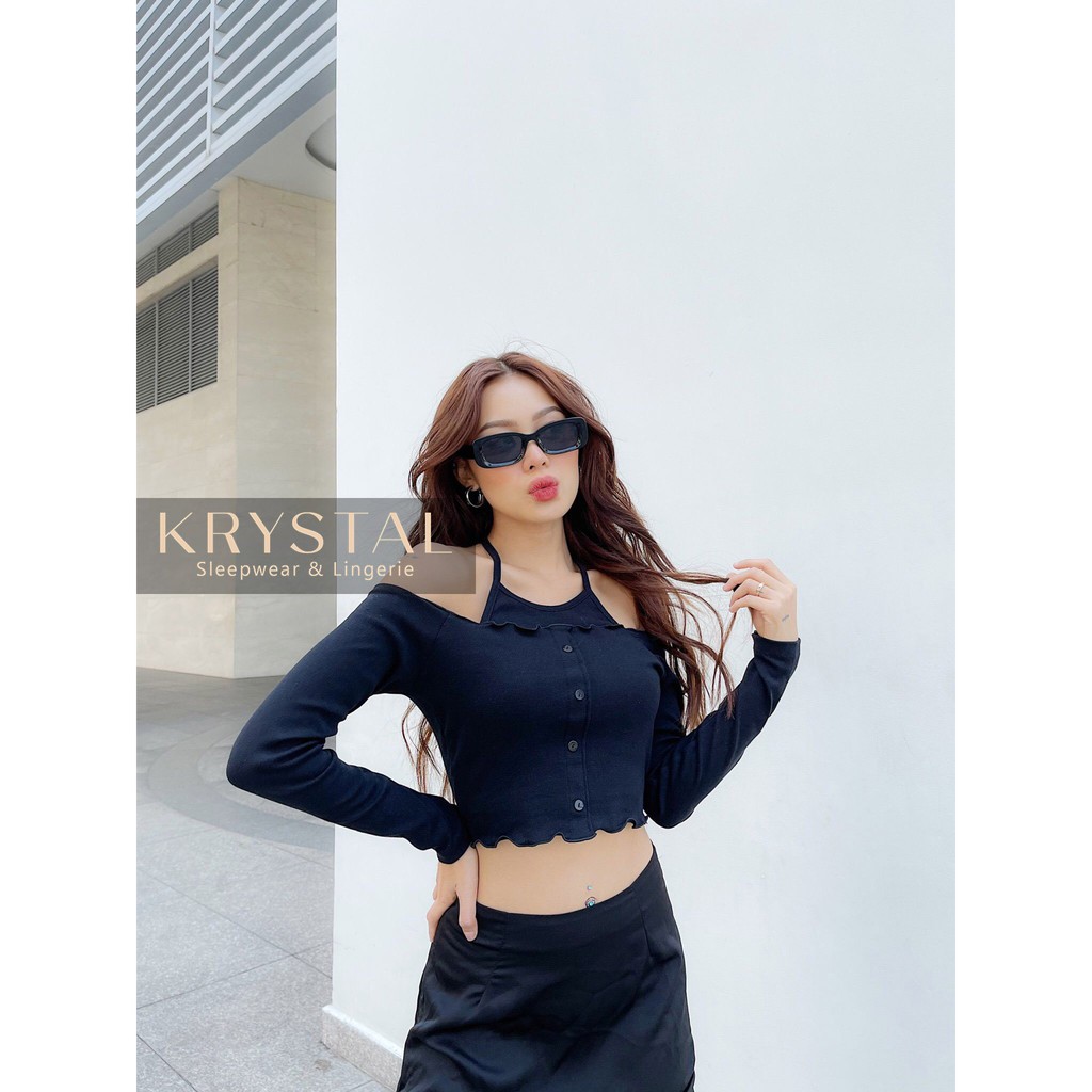 Áo croptop nữ thun tay dài cồ yếm trễ vai ôm body KRYSTAL NK46