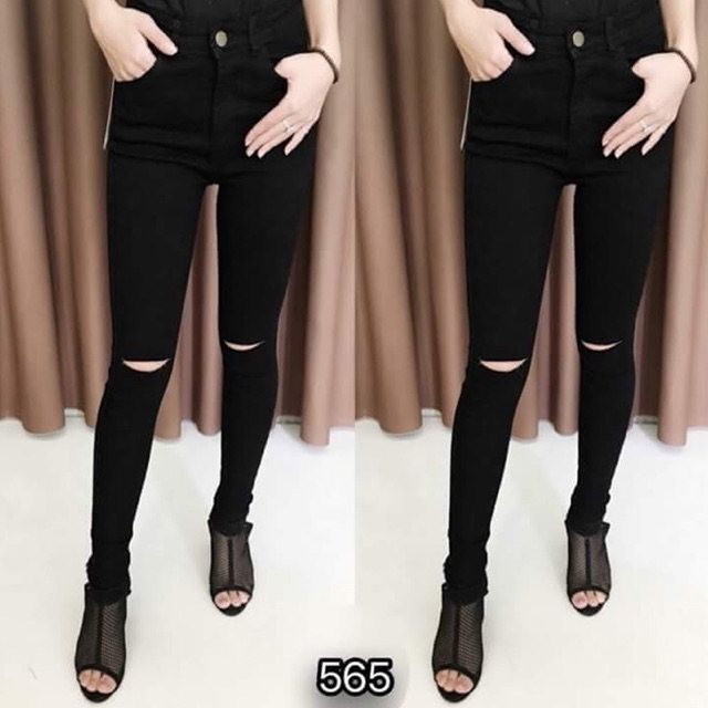 Quần jean đen tuyền Rách Gối, co dãn mạnh, phom ôm đẹp