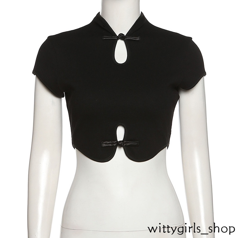 Wittygirls-áo Thun Crop Top Tay Ngắn Cổ Đứng Ôm Dáng Thiết Kế Rỗng Cài Khóa Phong Cách Trung Hoa