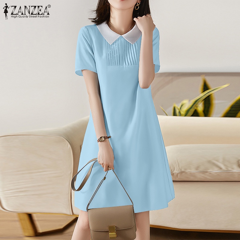 Đầm midi Zanzea tay ngắn màu trơn có túi thời trang Hàn Quốc thanh lịch cho nữ