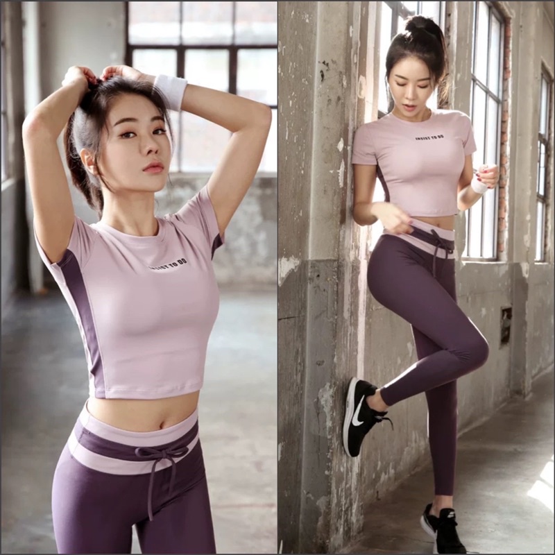 BỘ ĐỒ TẬP YOGA GYM ÁO NGẮN TAY HỒNG PHỐI QUẦN TÍM NHO