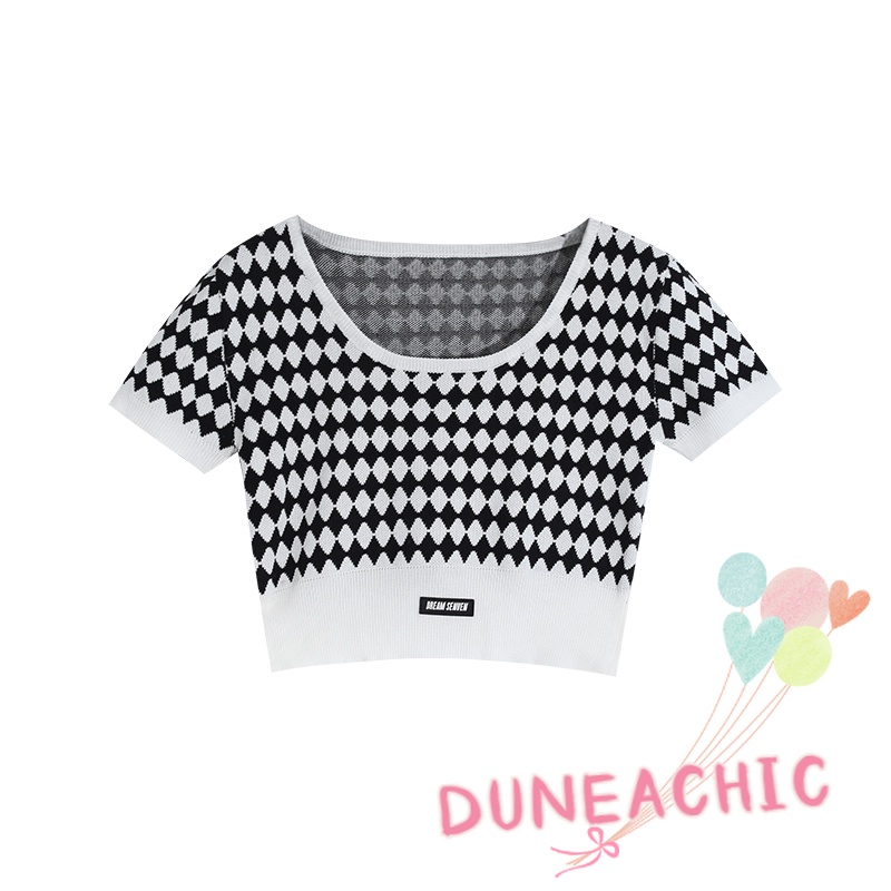 DUNEA Áo Len Tay Ngắn Họa Tiết Sọc Caro Thời Trang Cho Nữ