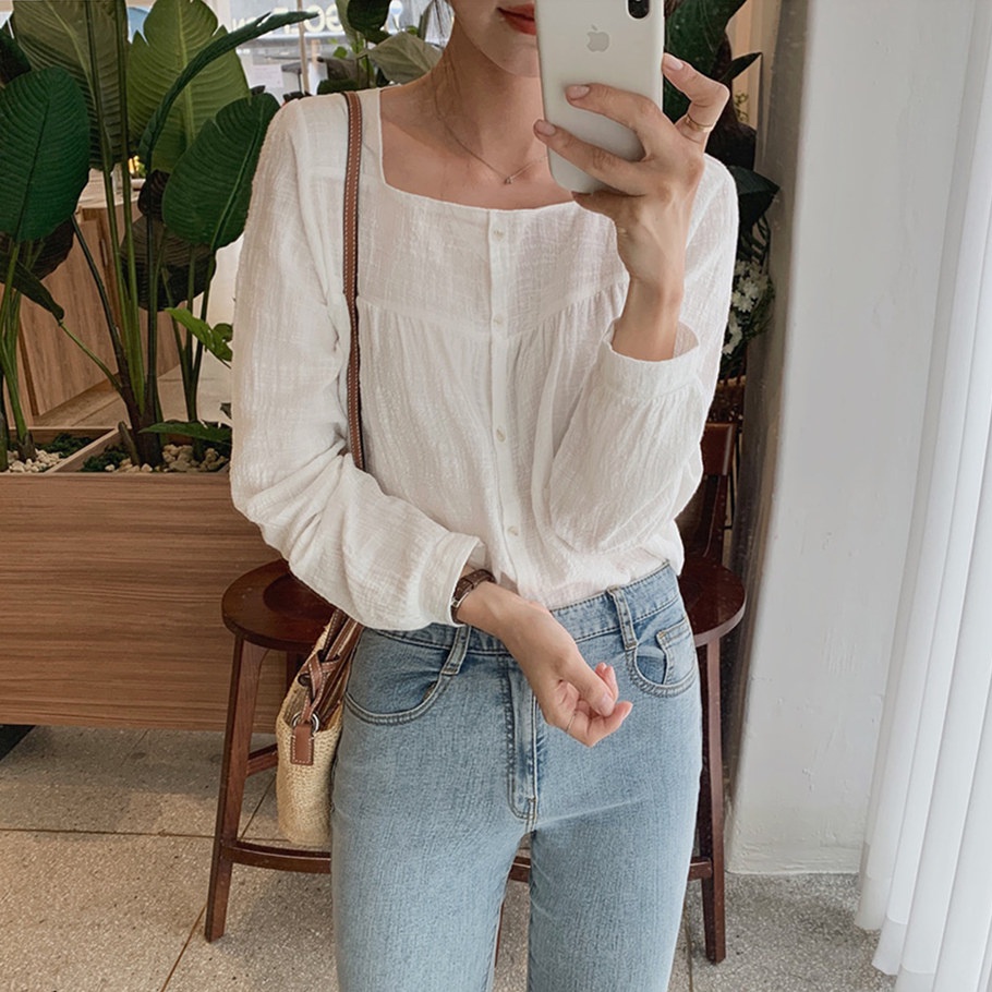 SUXI Áo Sơ Mi Tay Dài Cổ Vuông Màu Sắc Đơn Giản Dễ Phối Đồ Phong Cách Hàn Quốc Cho Nữ