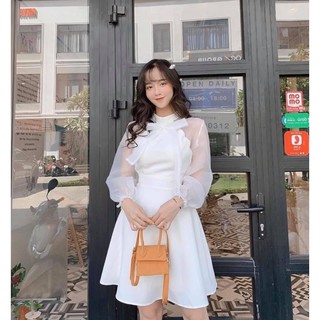 Đầm xoè tay voan cổ nơ tiểu thư - Kèm hình thật