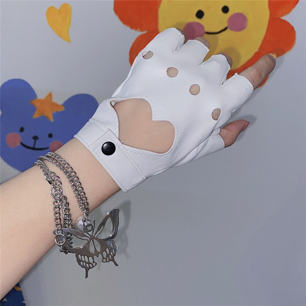 Fingerless Gloves Anime PU Leather Black White Pink Gloves Fashion Streetwear Women Punk Goth Lolita Gloves