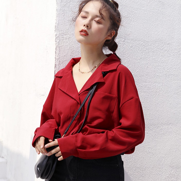 Áo sơ mi nữ tay dài cổ chữ V phong cách Hàn Quốc | BigBuy360 - bigbuy360.vn