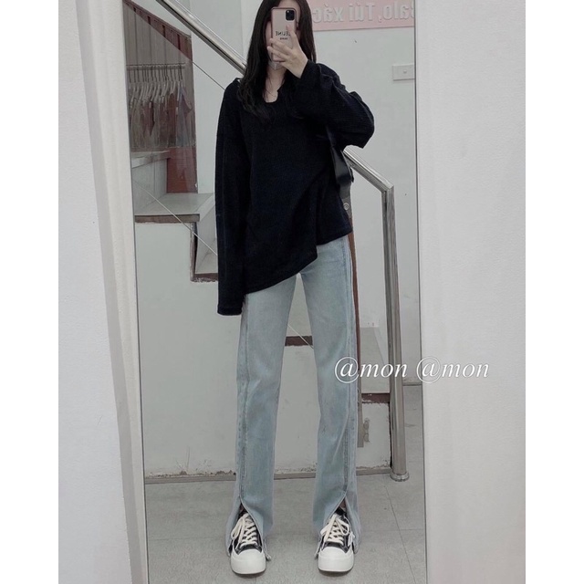Áo pull dài tay cổ U form rộng oversize Ulzzang - Áo len mỏng dài tay cổ khoét U trơn basic (Ảnh thật/Sẵn)