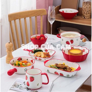 Bát đĩa gốm sứ nhật bản họa tiết dâu đỏ phong cách bắc âu