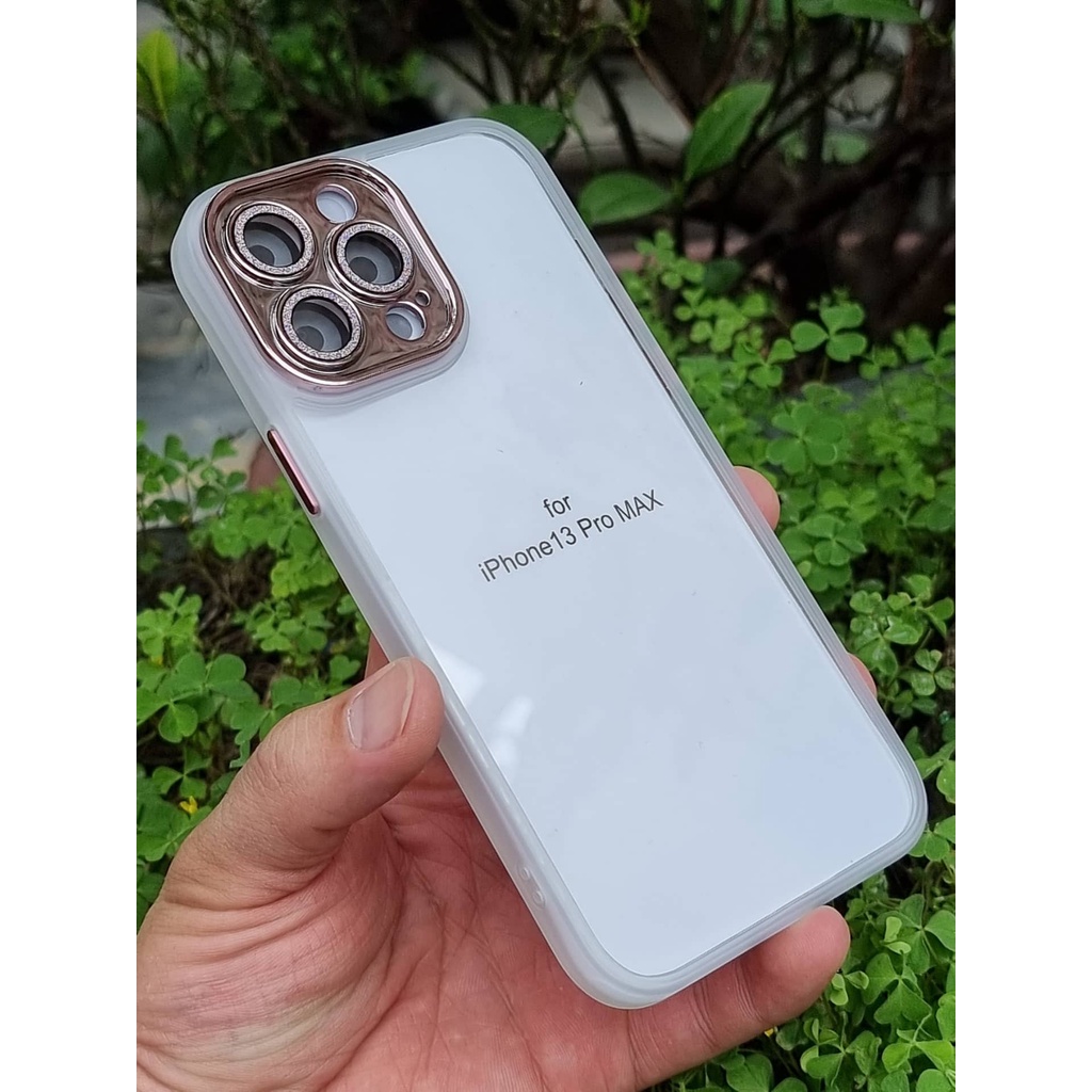 Ôp lưng iPhone 13, 13 Pro, 13 Pro Max lưng trong viền màu bảo vệ camera mắt camera gẵn nhũ kim cương