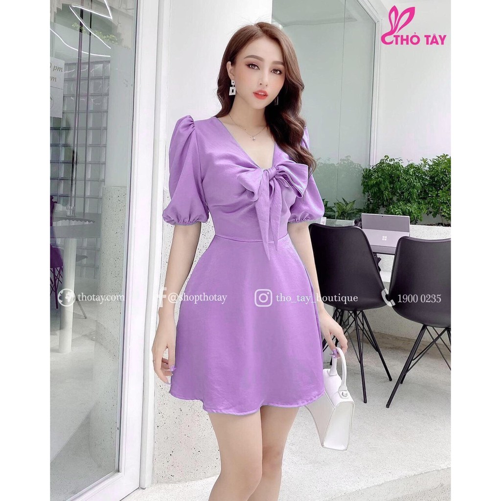 Váy Cổ V Buộc Nơ Ngực Nữ -Đầm dáng xòe bánh bèo tiểu thư tay bồng màu tím