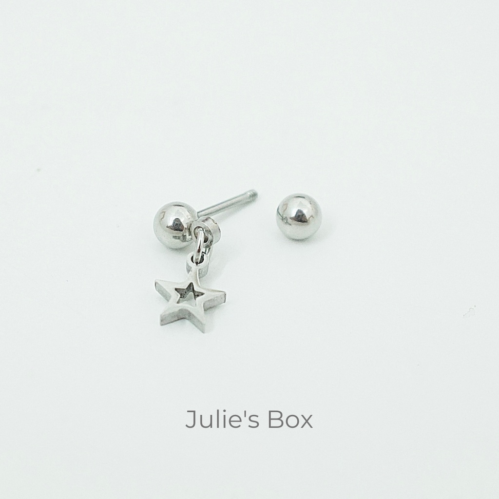 [1 Chiếc] Khuyên Tai Titan Unisex Có Charm Ngôi Sao Rỗng Màu Bạc Đuôi Bi Không Gỉ Sét Không Ngứa Bông Tai Julies Box 66
