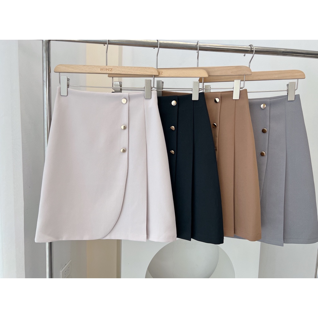 Chân Váy Công Sở MINZ STORE Dáng A Dài 50cm, Thiết Kế Vạt Trước Đính 3 Khuy Đồng