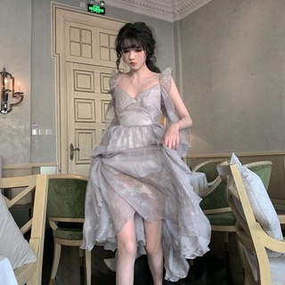 Đầm chiffon dài trung bình kiểu xếp nếp phong cách phương tây thanh lịch 2022