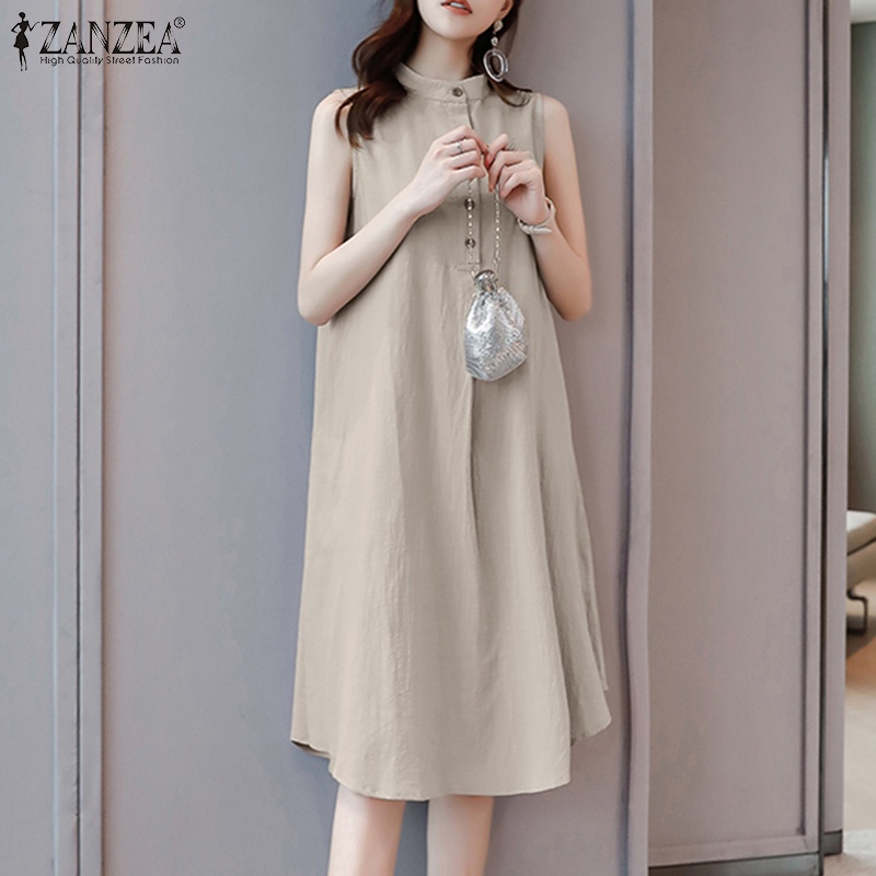 ZANZEA Đầm Mini Không Tay Cổ Tròn Cài Nút Phía Trước Thời Trang Cho Nữ