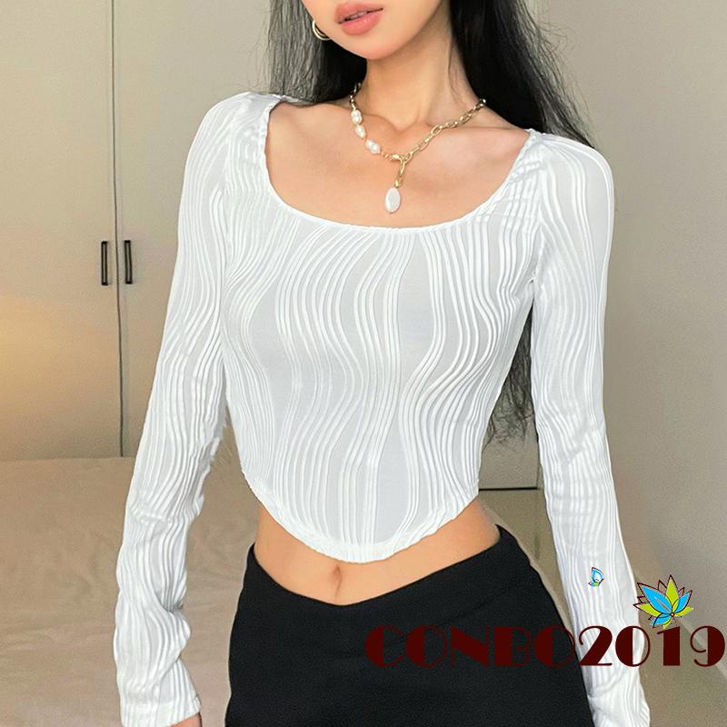 Áo Thun Tay Dài Cổ Chữ U Màu Trơn Họa Tiết 3D Thời Trang Cho Nữ