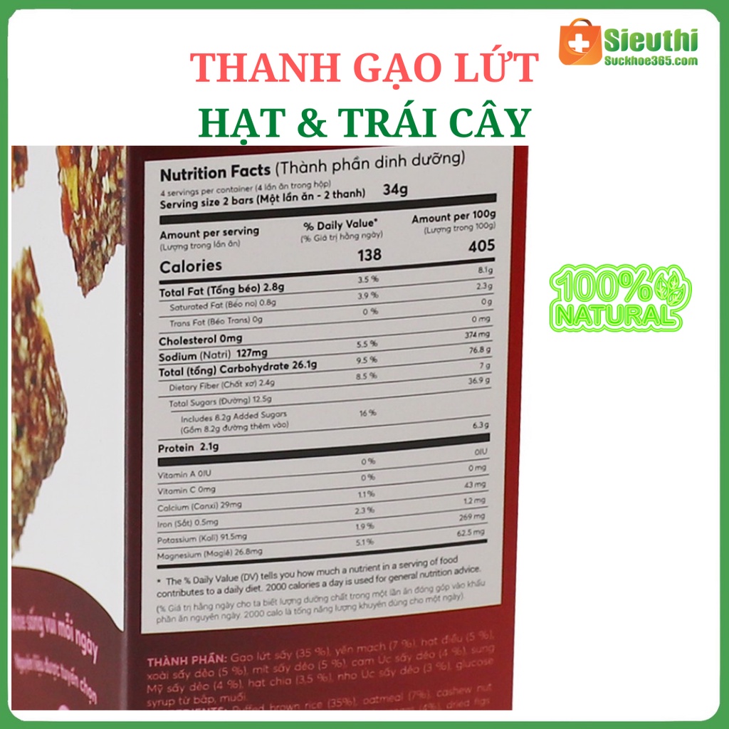 Bánh thanh cơm gạo lứt sấy hạt & Trái Cây hộp 8 thanh 136g nhiều vitamin dinh dưỡng dùng cho người tiểu đường, ăn kiêng