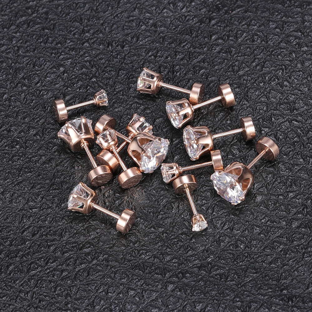 Bộ 6 cặp khuyên tai bằng thép không gỉ 316L mạ vàng hồng đính đá zircon kích thước 3-8mm